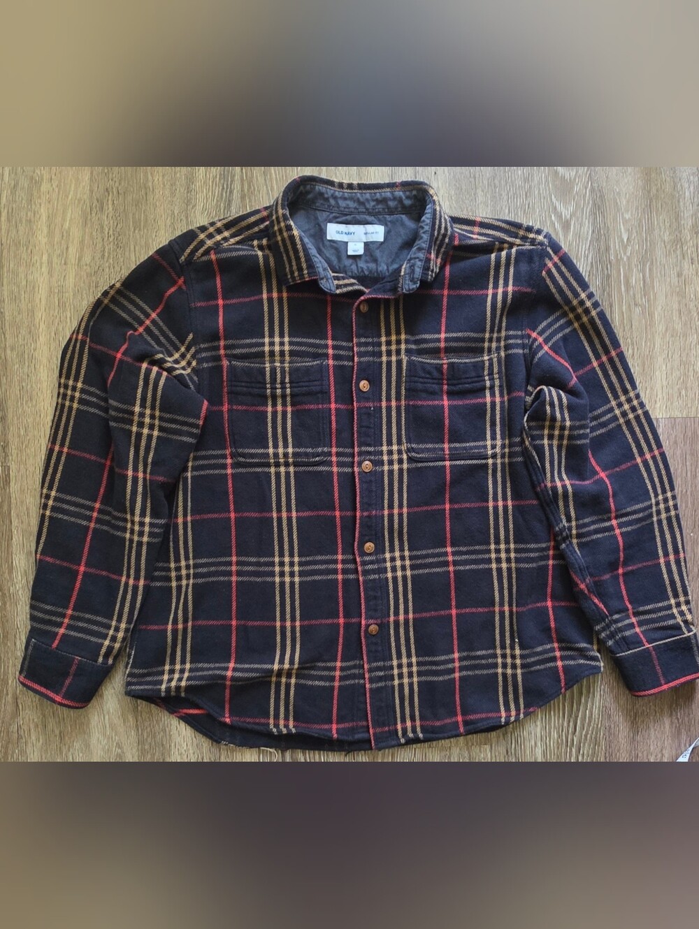 Old Navy Men's Navy Plaid Zip-Up Sweater Jacket with Tan & Red Stripes